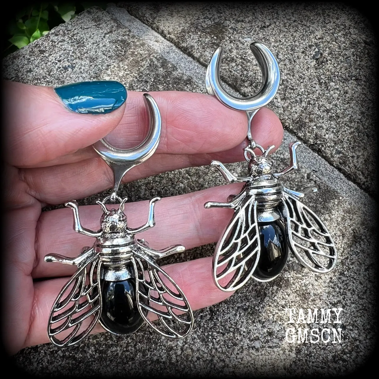 Black obsidian and antique silver insect gauged earrings