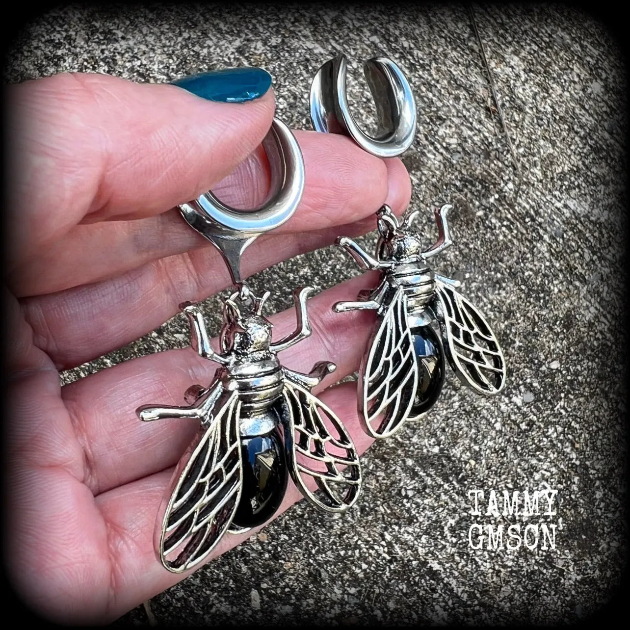 Black obsidian and antique silver insect gauged earrings