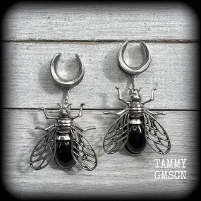 Black obsidian and antique silver insect gauged earrings