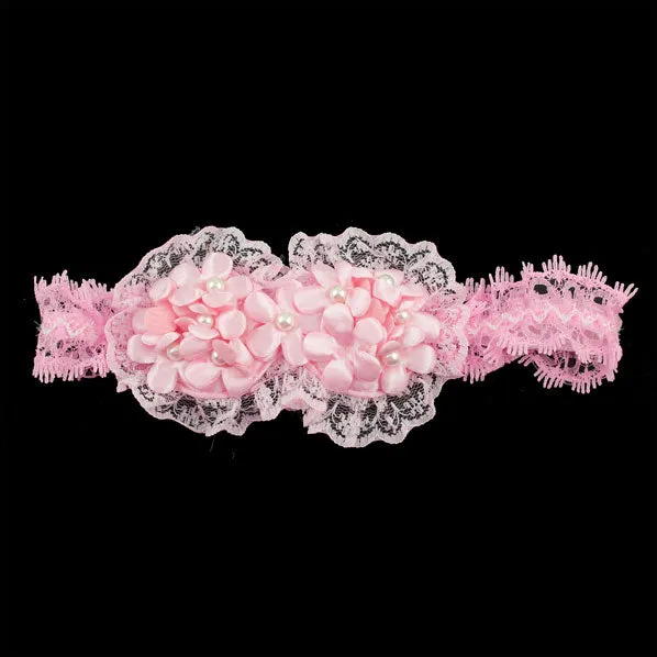 Girls Pink Lace Stretch Hairband with Flowers