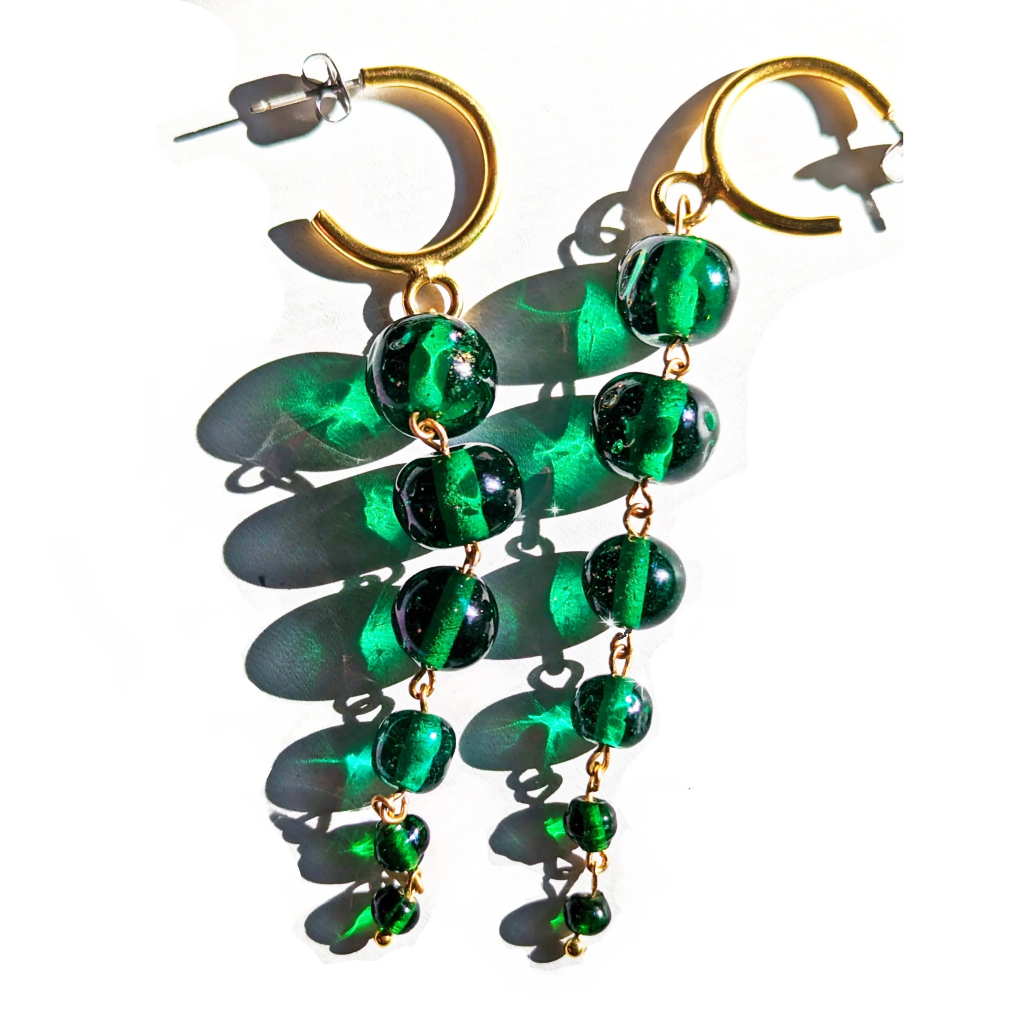 Green Handmade Vintage Beads Dangle Drop Earrings USA made Sugar Gay Isber Free shipping 3.5 inches