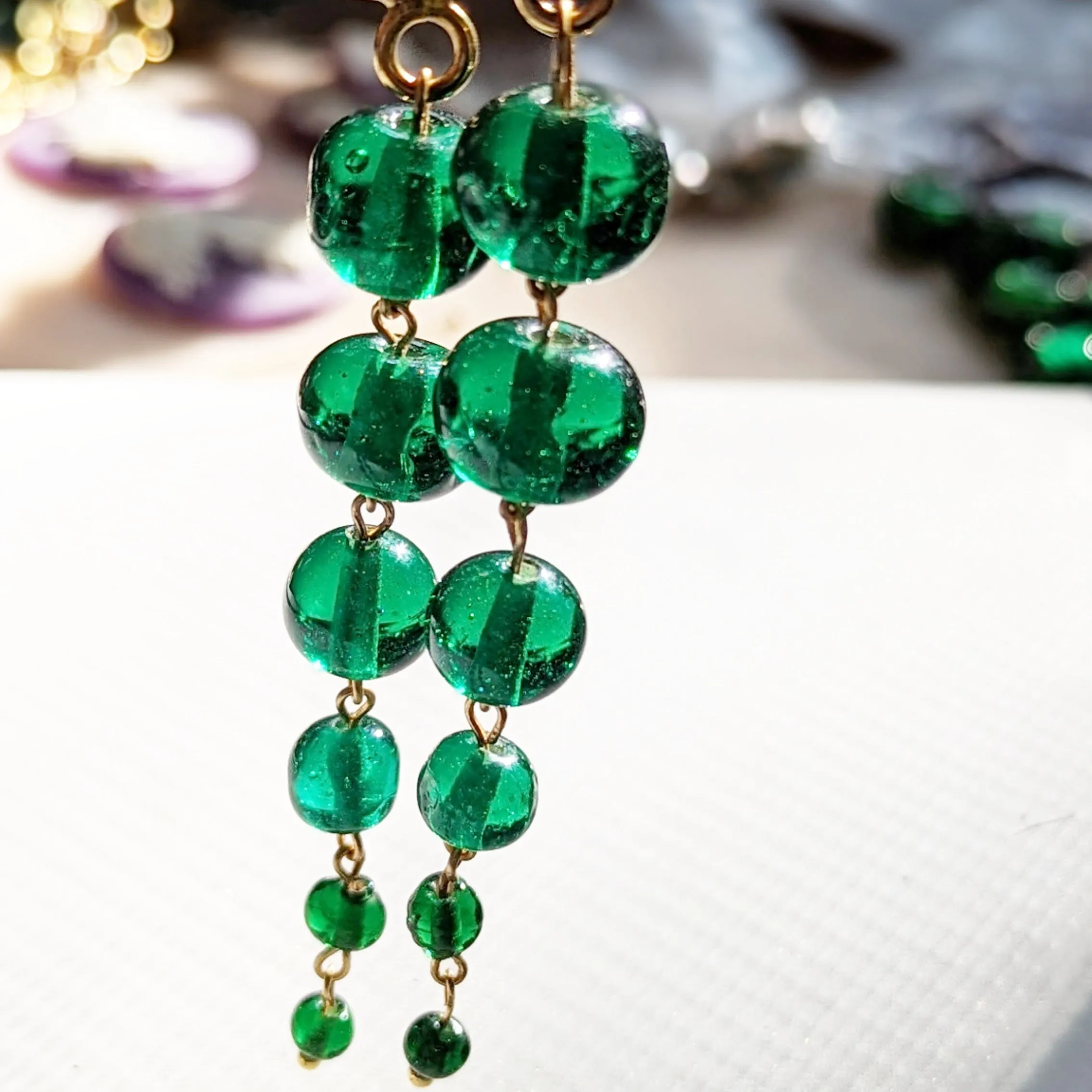 Green Handmade Vintage Beads Dangle Drop Earrings USA made Sugar Gay Isber Free shipping 3.5 inches